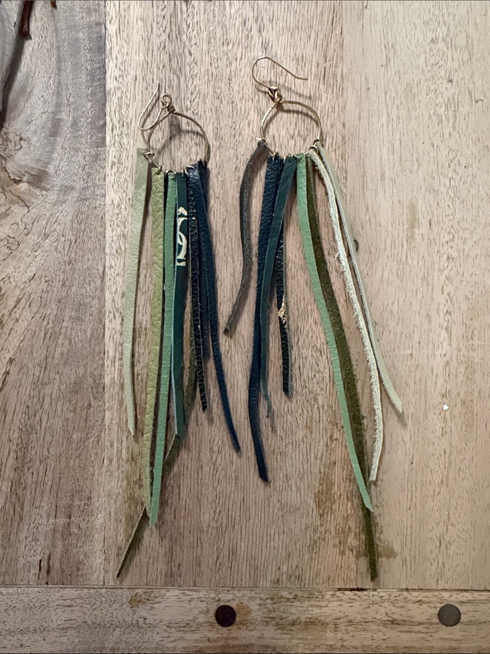 Handmade Green & Blue Fringe Leather Hoop Earrings